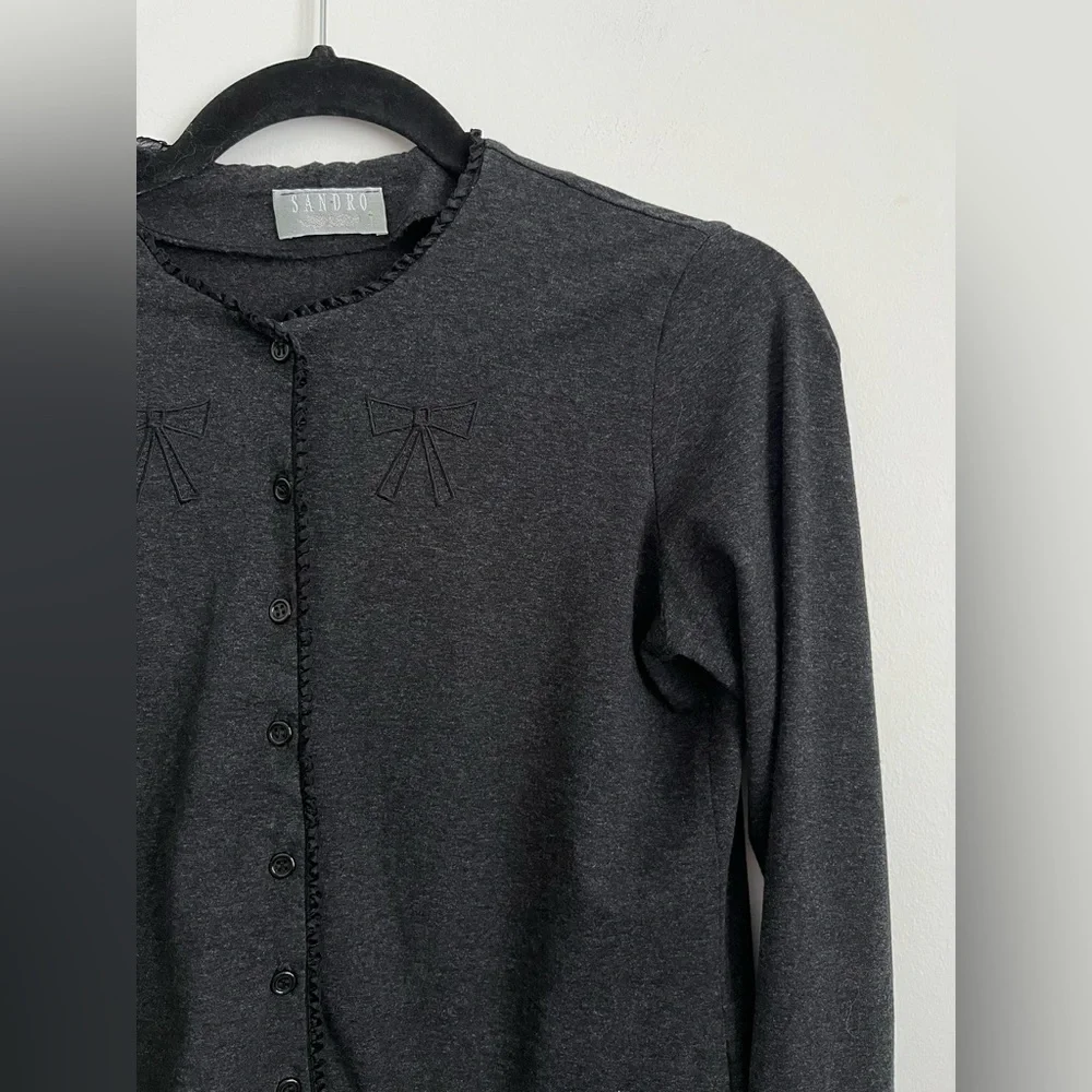 Sandro Women Vintage Unique Dark Gray Button-Up Bow Coquette Cardigan S Small - Picture 3 of 9